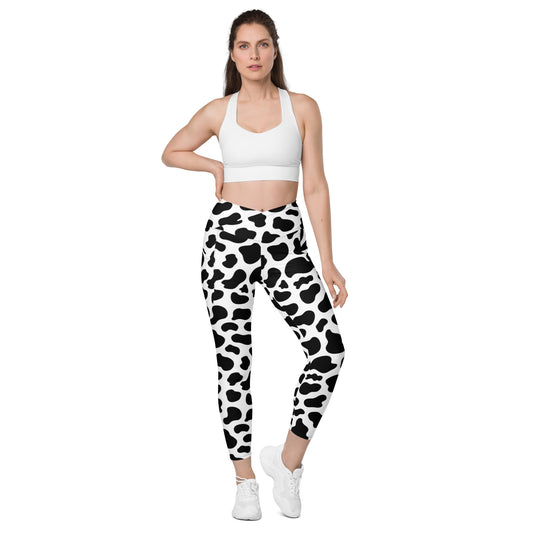 Western Cow Skin Leggings | Western Cow Print Crossover leggings with pockets