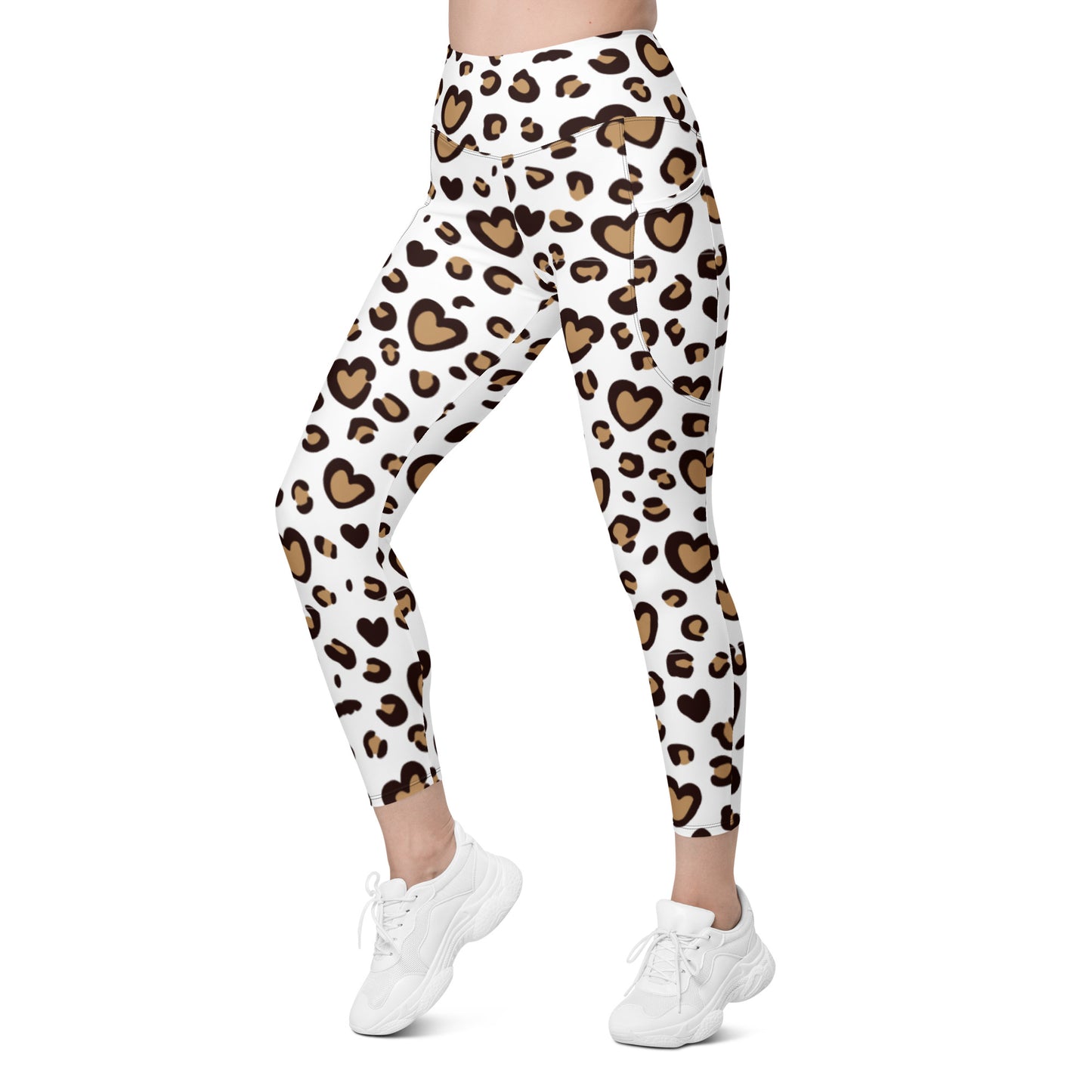 Cute Leopard heart print Leggings with pockets, Leopard Print, All Over Print White Yoga Pants, Animal skin print, Sports Yoga Leggings, Leopard Print Leggings