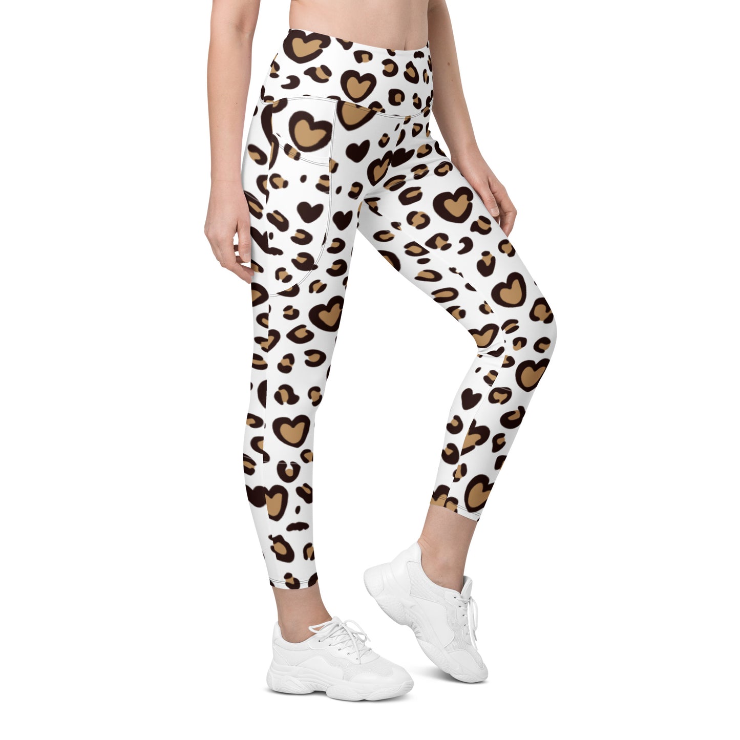 Cute Leopard heart print Leggings with pockets, Leopard Print, All Over Print White Yoga Pants, Animal skin print, Sports Yoga Leggings, Leopard Print Leggings